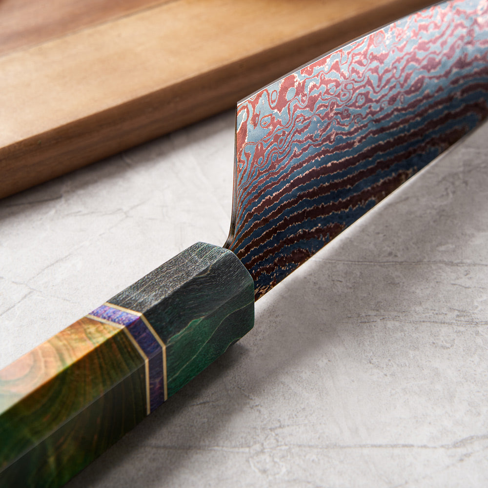 Professional Chef Knife – Fire Blue Coreless Damascus with Wood Handle, Handcrafted Performance Blade