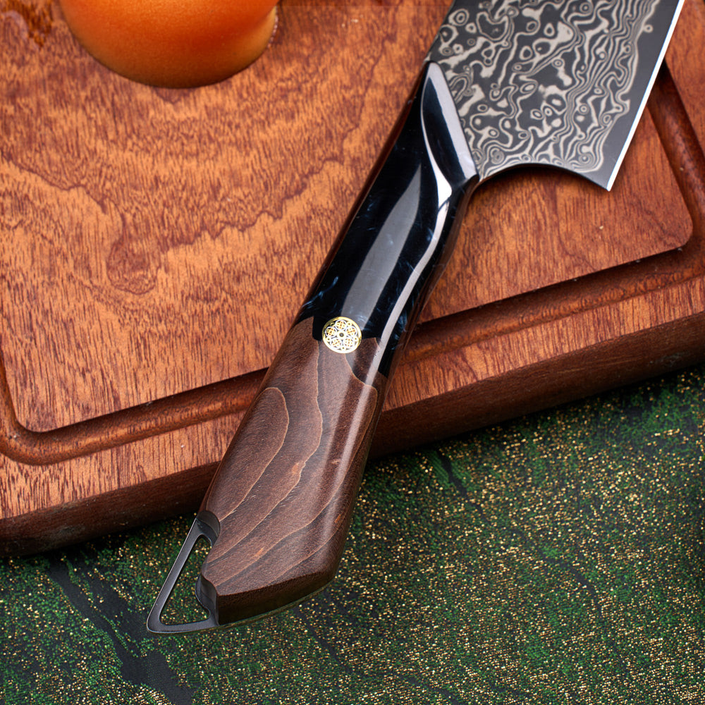Hikari damaszkuszi Santoku kés – 7 hüvelykes VG10 pengével, juharfa és műgyanta markolattal