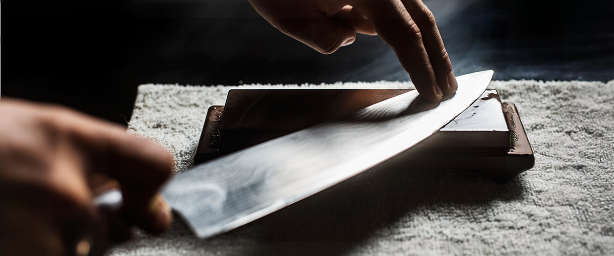 Close-up view of sharp Hikari kitchen knife blade