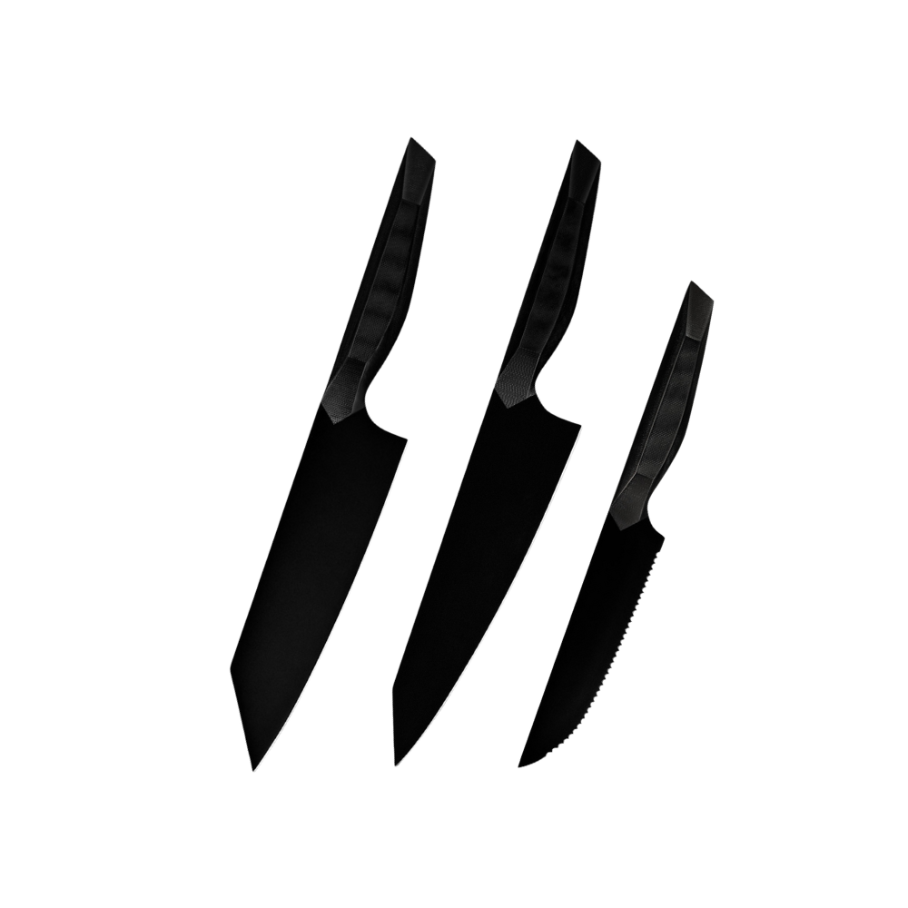 Set of black 3 Titanium Plated Blade knives on a white background