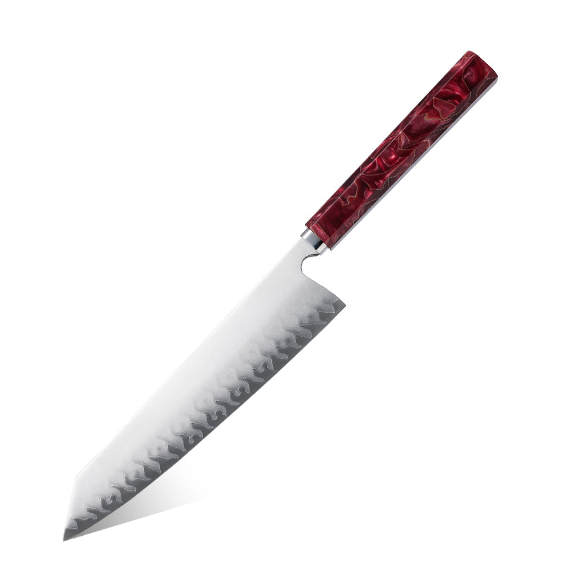 Hikari Kiritsuke kés – Professzionális japán stílusú séfkés frosted pengével és vörös gyantamarkolattal