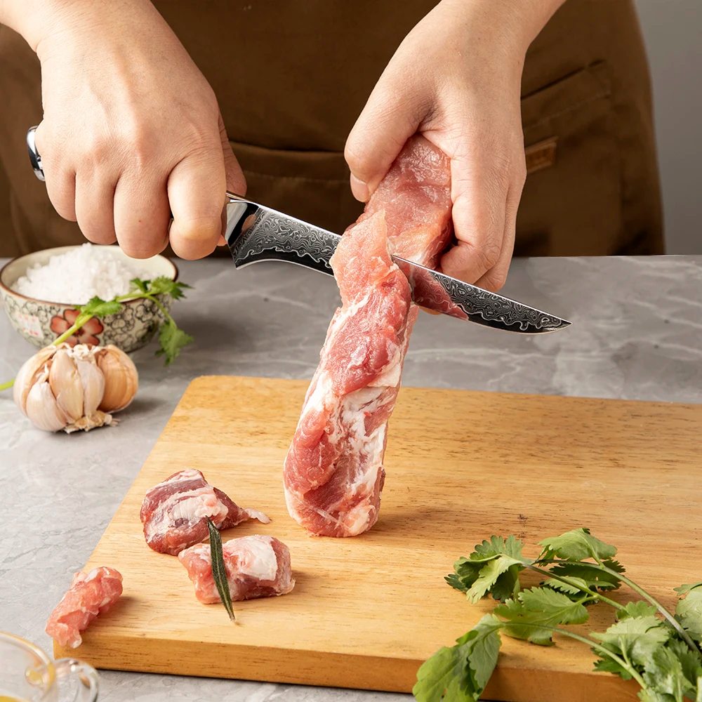 Professional Boning Knife, Hikari – Filleting & Carving Knife for Meat and Fish, Damascus Steel Blade, Honesuki - Hikari