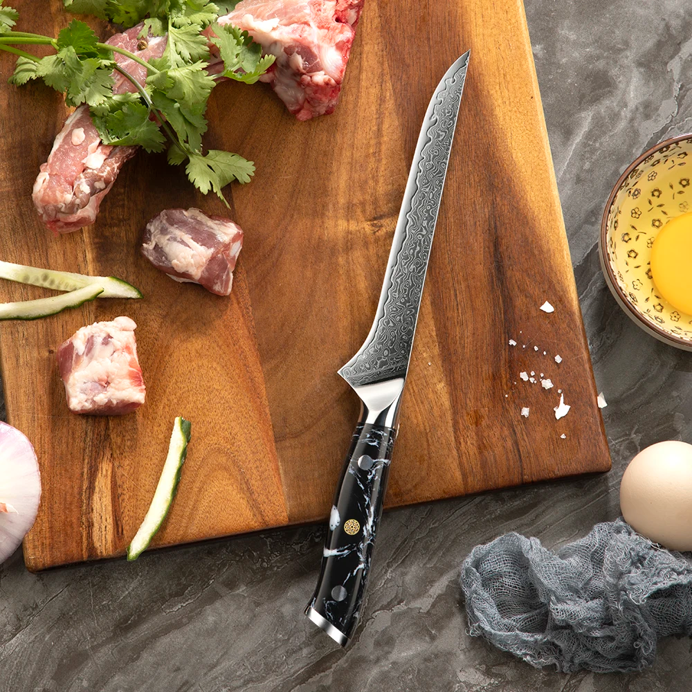 Professional Boning Knife, Hikari – Filleting & Carving Knife for Meat and Fish, Damascus Steel Blade, Honesuki - Hikari