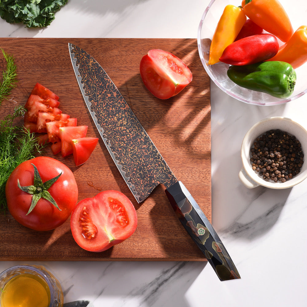Professzionális japán szakácskés, nagyon éles rézdamaszkusszal