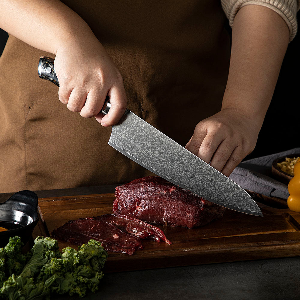 Professional Chef Knife, Hikari Knife - Japanese-Style VG -10 Damascus Steel Kitchen Knife, Ergonomic Carbon Fiber Handle - Hikari
