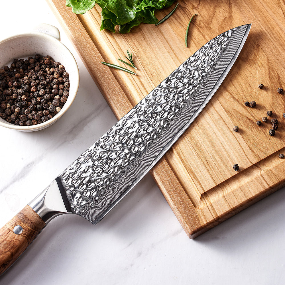 Chef knife blade with damascus steel and hammered finish