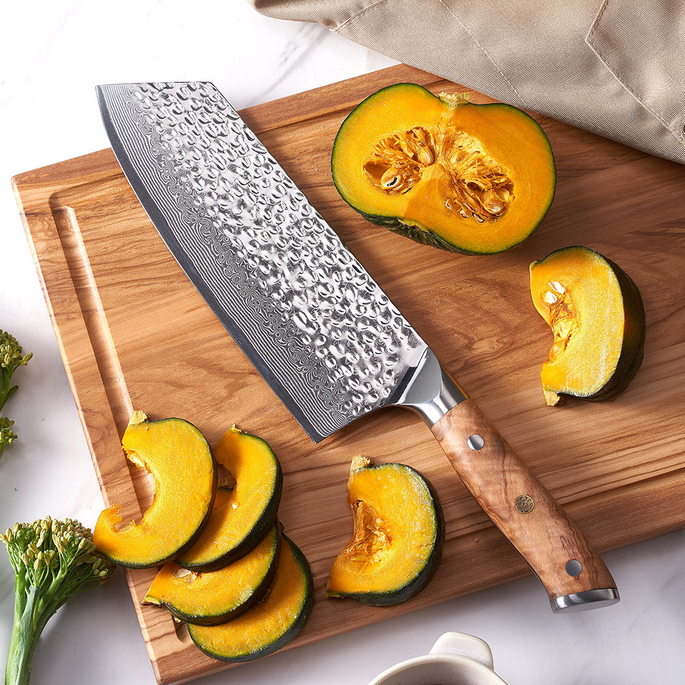 Cleaver, Hikari Knife - VG10 Damascus Blade, Heavy Duty for Professional Prep with Olive Wood Handle - Hikari