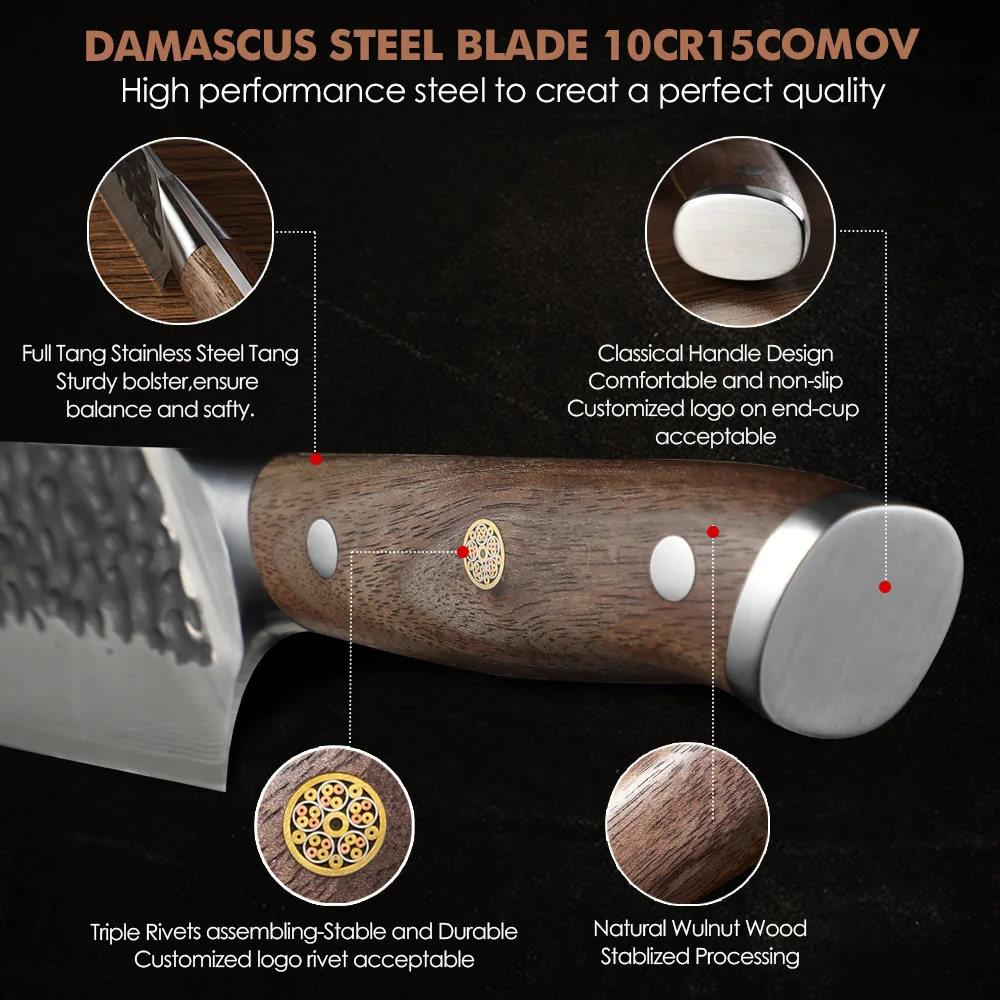 Bunka, Hikari Knife - VG -10 Kurouchi Hammered Damascus Premium Walnut Handle 19cm - Hikari