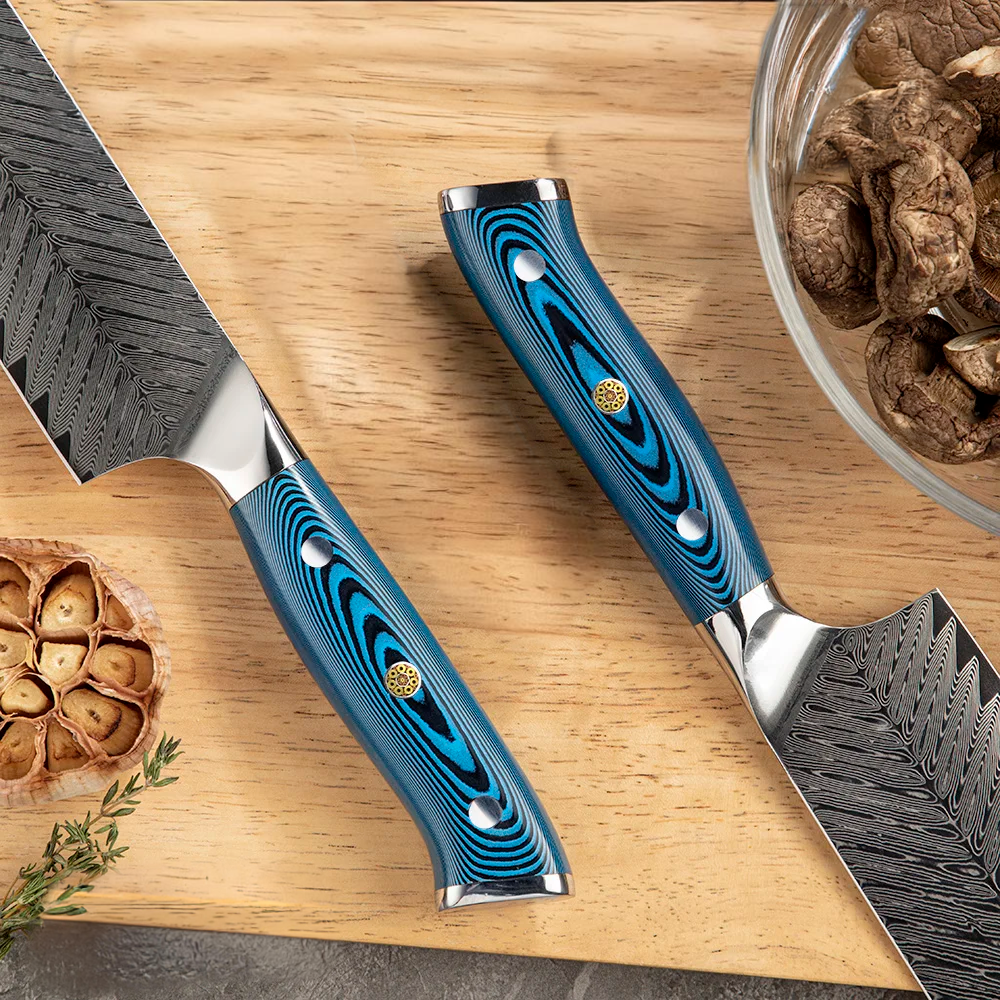 Unique Knife Set 73-Layer Damascus Steel & Blue Handle - Hikari