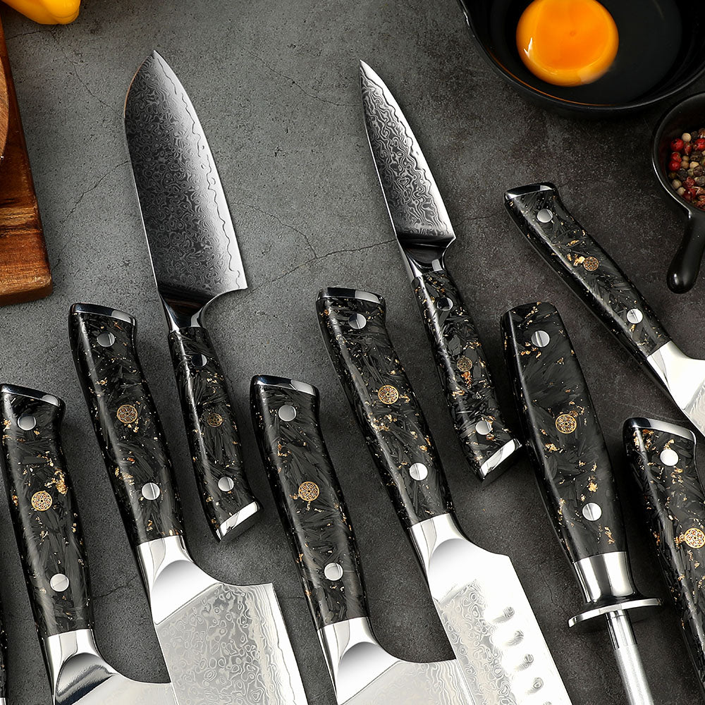 Professional Set Of Japanese Kitchen Knives, Hikari – Damascus Steel Blade, Universal Knife for Slicing Meat, Fish, and Vegetables Carbon Fiber and Resin handle- Hikari