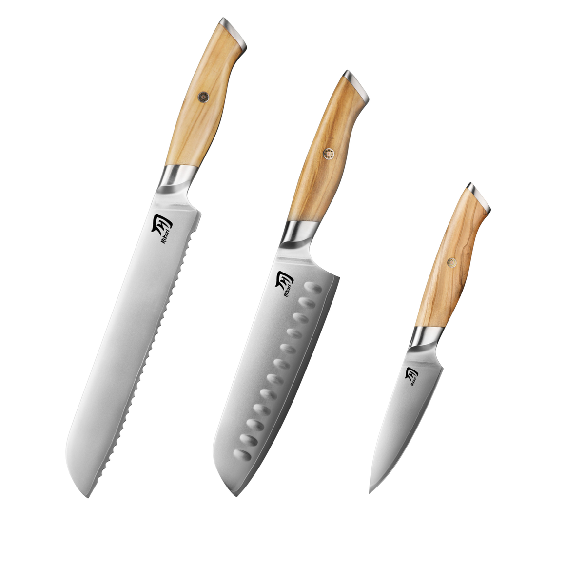 Hikari VG-10 Santoku, kenyérvágó és hámozókés készlet olajfa nyéllel H372