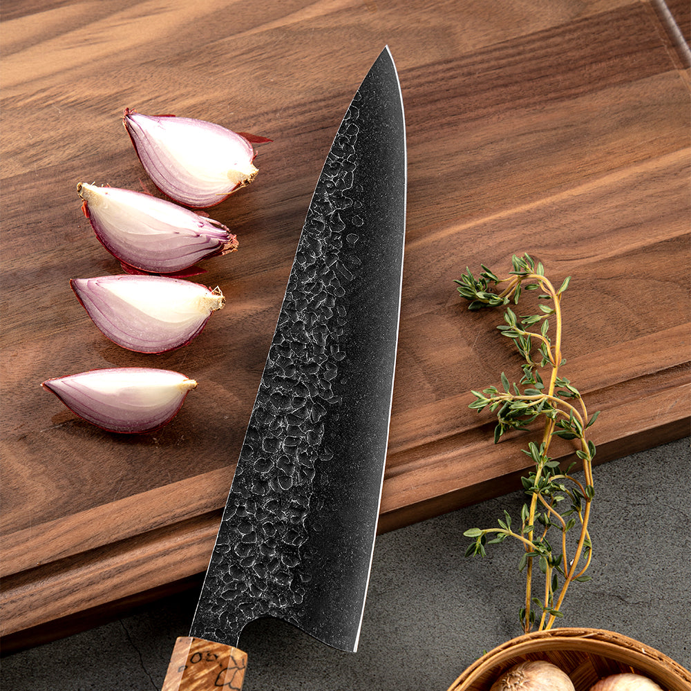 Professional Chef Knife, Hikari Knife - High Carbon Steel Kitchen Knife Hammered Finish and Maple Handle - Hikari
