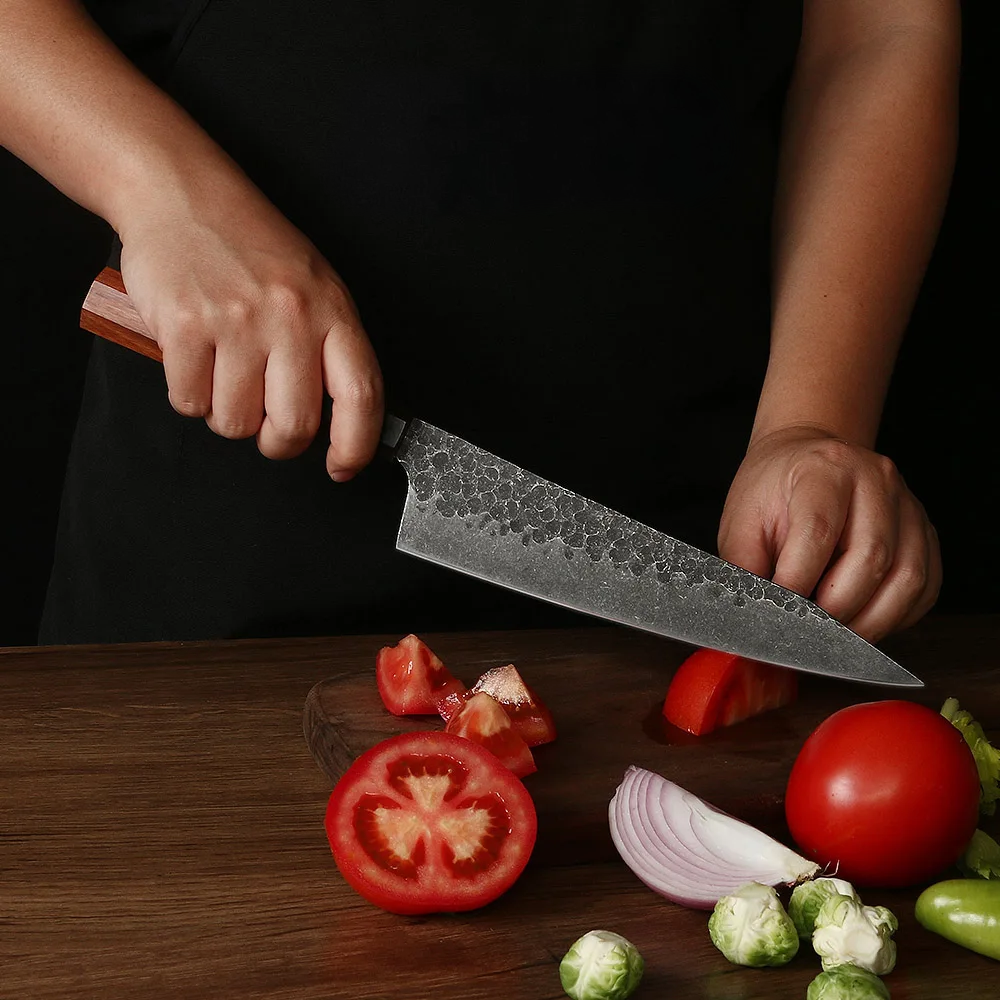 Dicing and Slicing Kiritsuke Knife – Hammered Carbon Steel Blade with Mahogany Wood Handle 19cm - Hikari