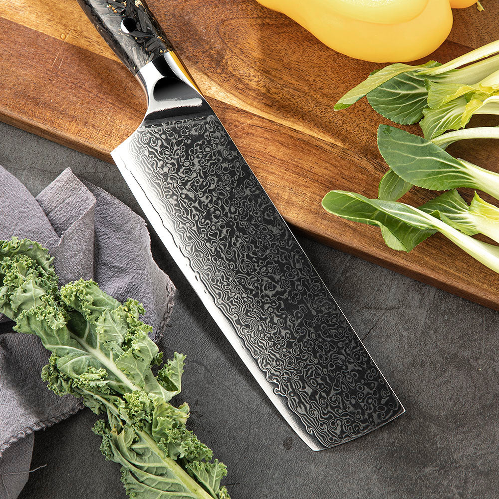 Nakiri Vegetable Knife, Hikari – Professional VG -10 Damascus Blade, Carbon Handle, Ideal for Slicing and Chopping - Hikari