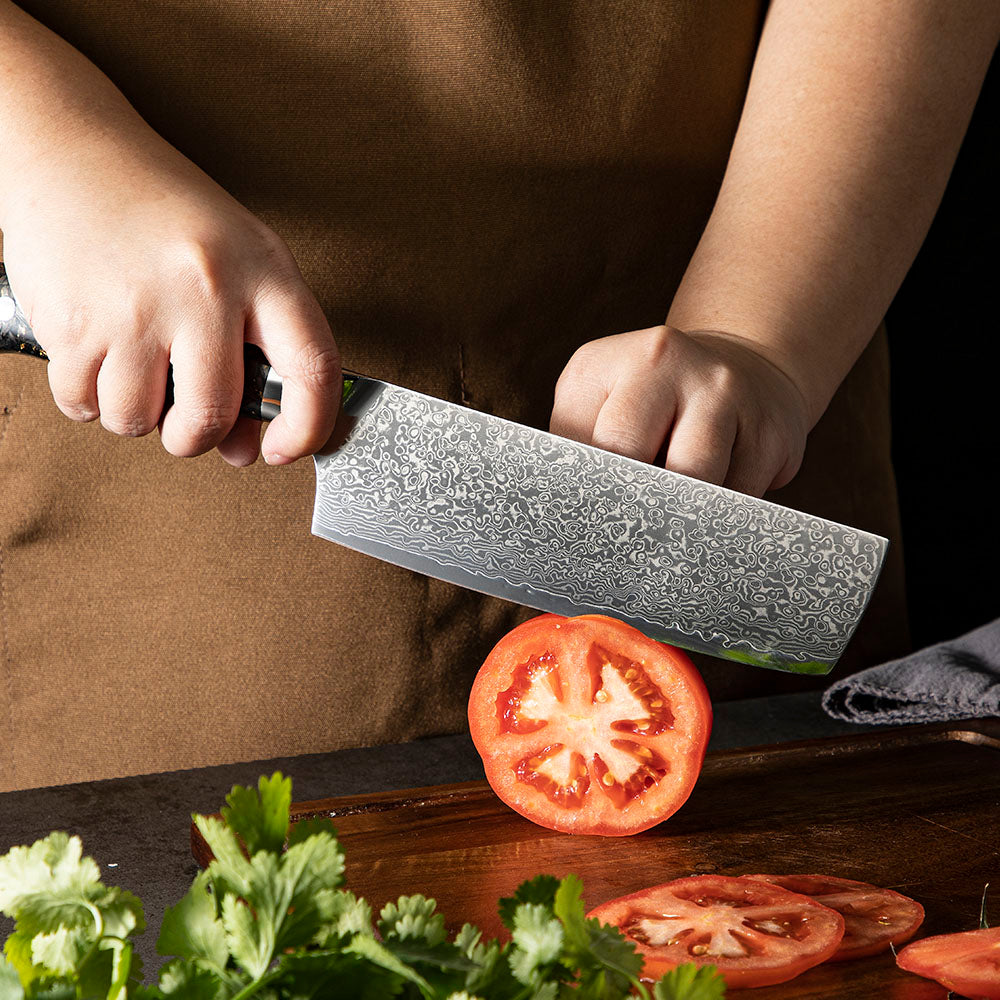 Nakiri Vegetable Knife, Hikari – Professional VG -10 Damascus Blade, Carbon Handle, Ideal for Slicing and Chopping - Hikari