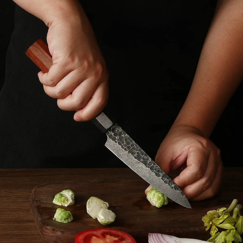 Petty Knife – High Carbon Steel Blade, Hammered Finish, Mahogany Wood Handle for Precision Cutting - Hikari