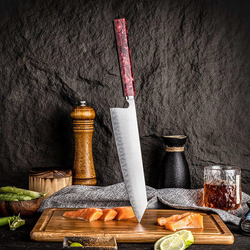Hikari Kiritsuke kés – Professzionális japán stílusú séfkés frosted pengével és vörös gyantamarkolattal