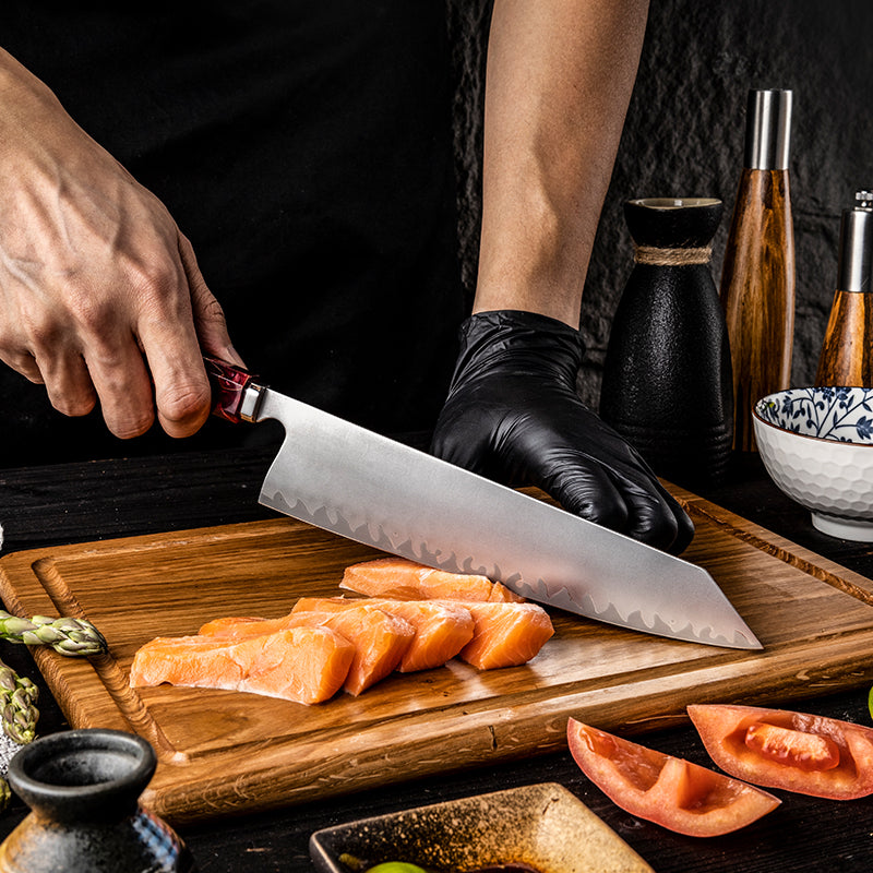 Hikari Kiritsuke kés – Professzionális japán stílusú séfkés frosted pengével és vörös gyantamarkolattal