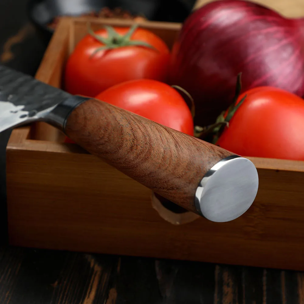 Santoku Knife, Hikari – Carbon Steel, Rosewood Handle, All-Purpose Kitchen Knife for Meat, Fish, and Vegetables - Hikari