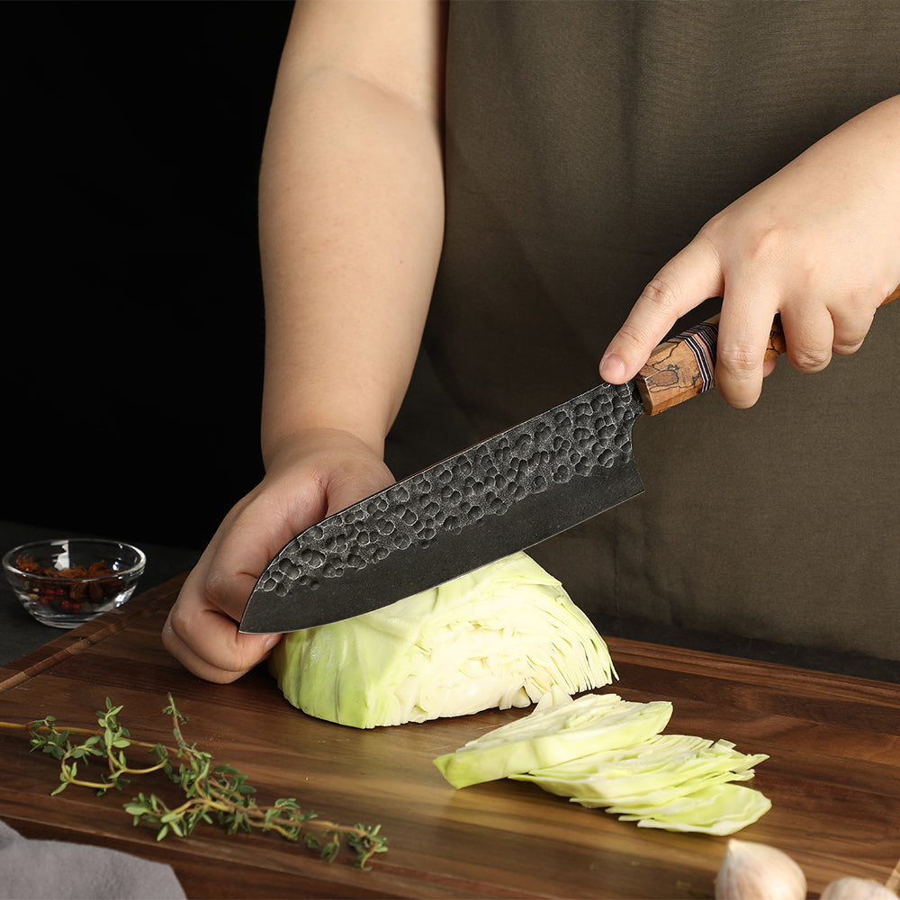 Santoku Kitchen Knife, Hikari – Japanese Style All-Purpose Knife with High Carbon Steel Blade and Spalted Maple Handle - Hikari