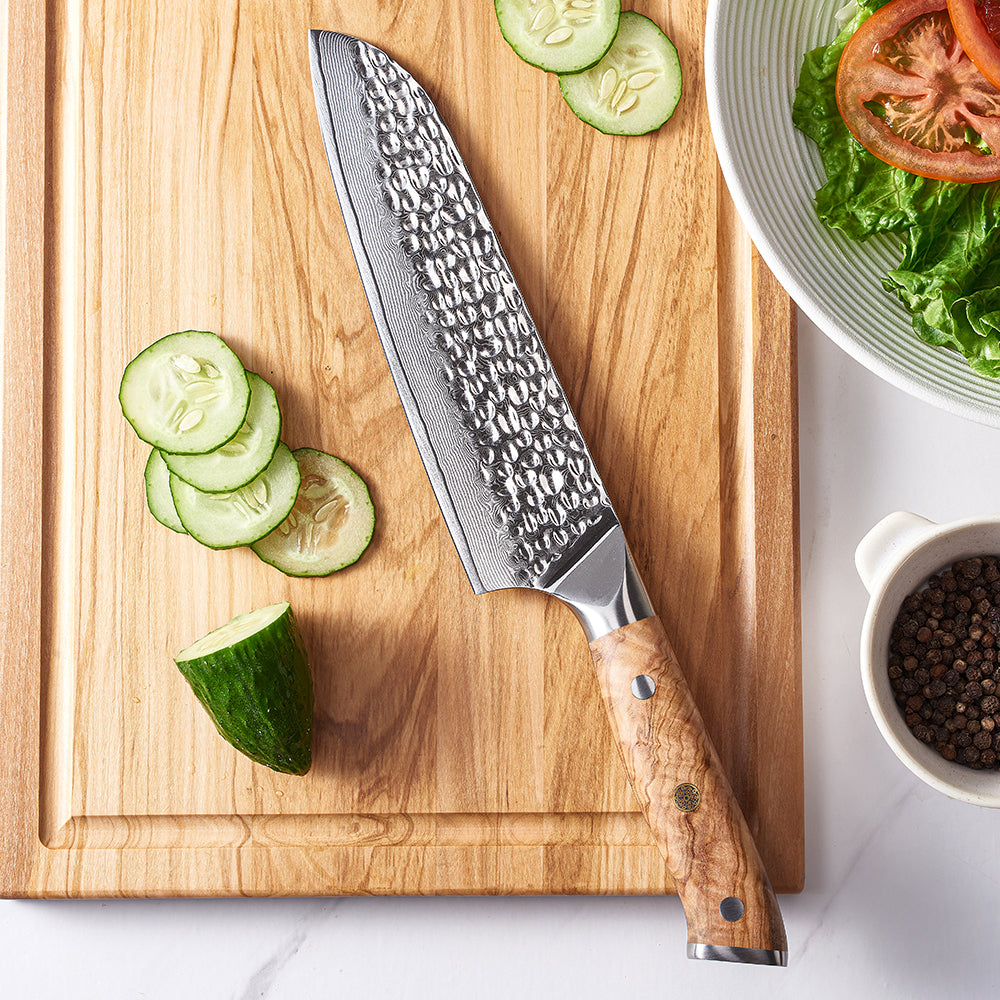 Multipurpose Santoku Knife, Hikari – Japanese Style Damascus Steel Blade with Olive Wood Handle for Universal Tasks - Hikari