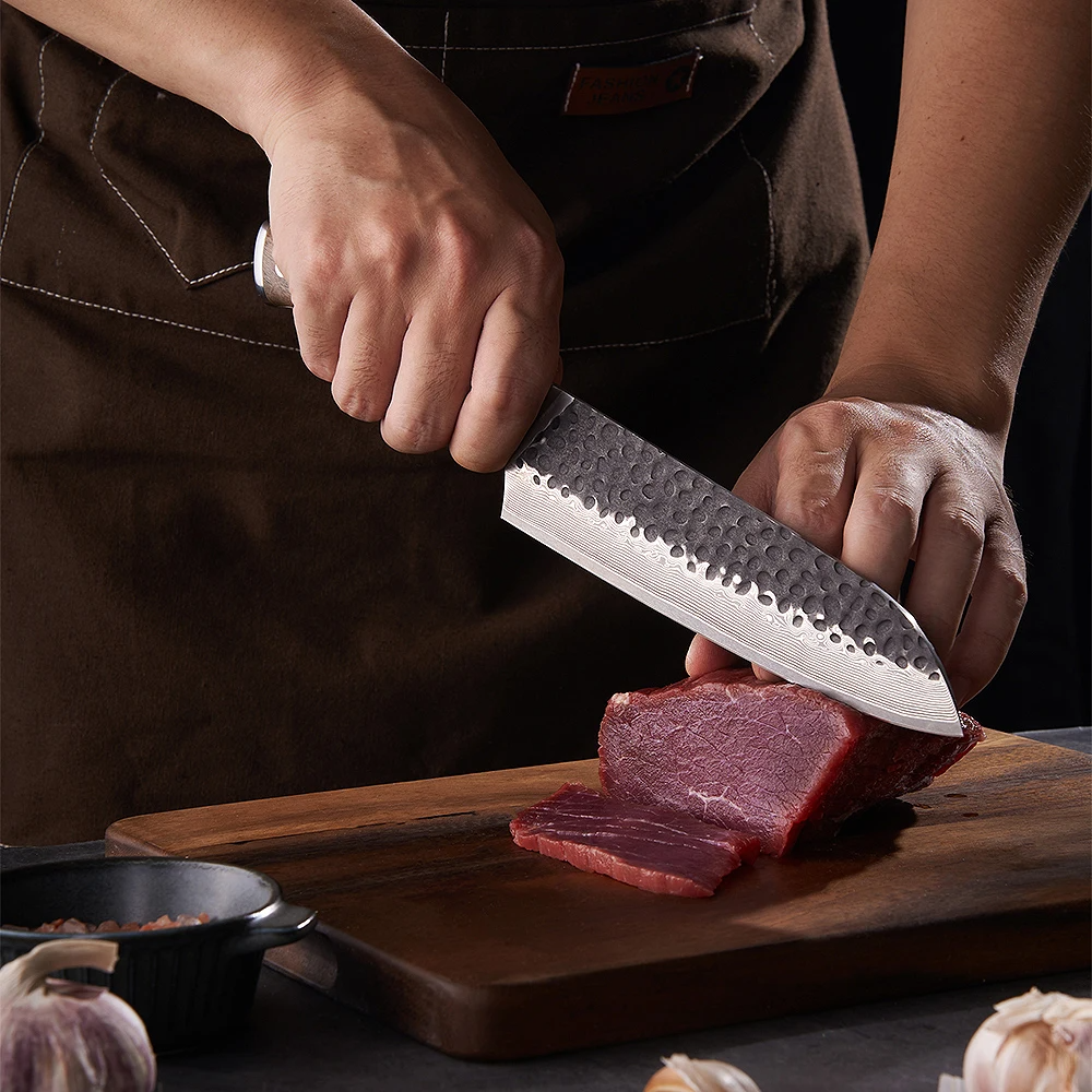 All-Purpose Kitchen Knife / Santoku – Damascus VG-10 Blade, Walnut Handle for Meat and Vegetables - Hikari