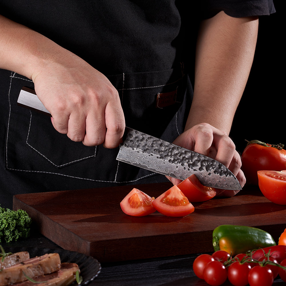 Universal Santoku Kitchen Knife, Hikari – VG -10 Damascus Blade, Ebony Wood Handle - Hikari