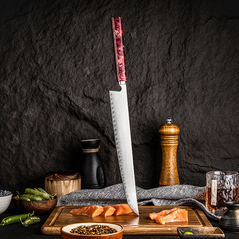 Hikari Sakimaru szeletelőkés – Professzionális japán stílusú Yanagiba / Sujihiki kés frosted pengével és gyantamarkolattal
