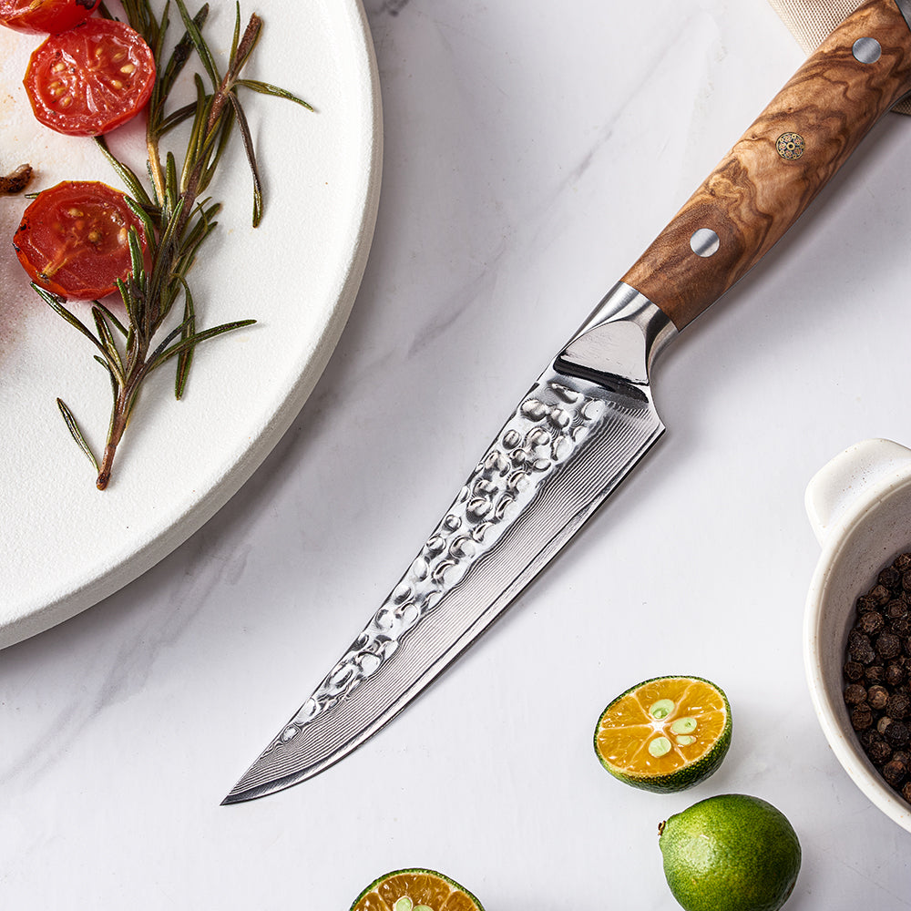 Steak Knife, Hikari – Precision Cutting for BBQ and Meats with VG-10 Damascus Steel Blade and Olive Wood Handle - Hikari