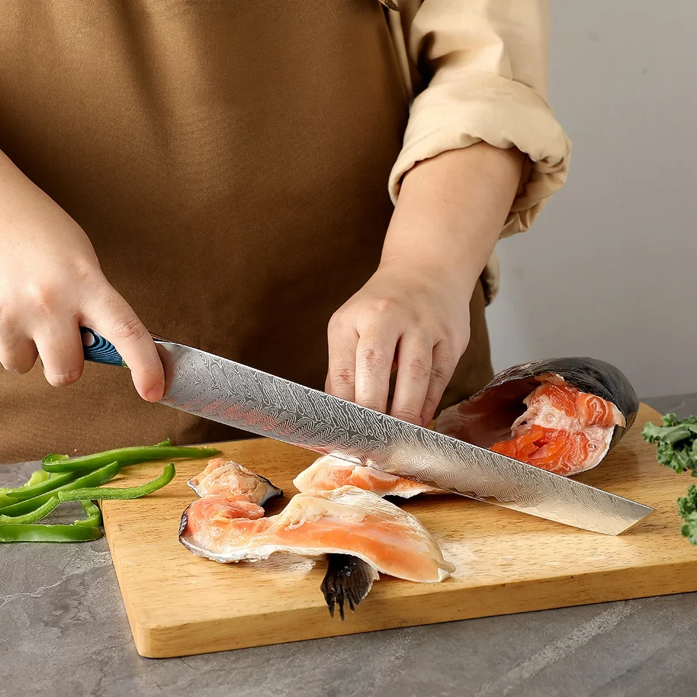 Hikari Sujihiki Knife – Damascus Blade, Pakkawood handle, for Slicing and Butchering Meat & Fish - Hikari