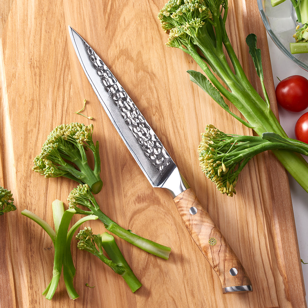 Professional Utility Knife, Hikari – VG10 Damascus, Olive Wood Handle for Vegetable & Fruit Prep - Hikari