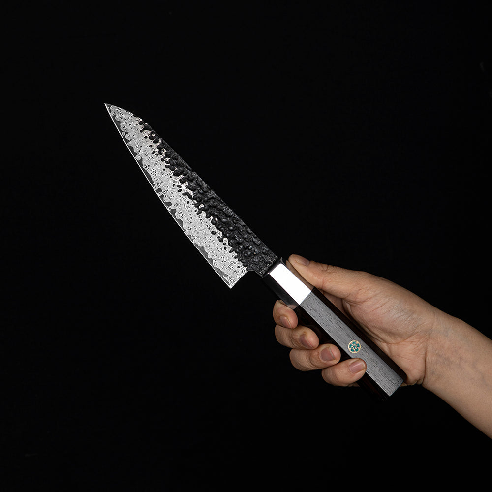 Small Kitchen Knife, Hikari – Damascus Blade with Ebony Handle for Delicate Cutting and Peeling