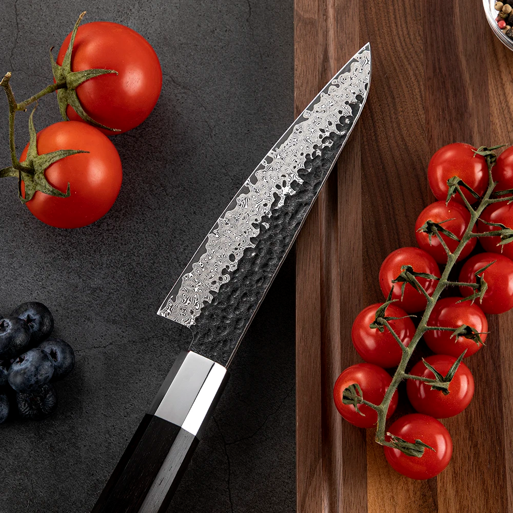 Small Kitchen Knife, Hikari – Damascus Blade with Ebony Handle for Delicate Cutting and Peeling - Hikari