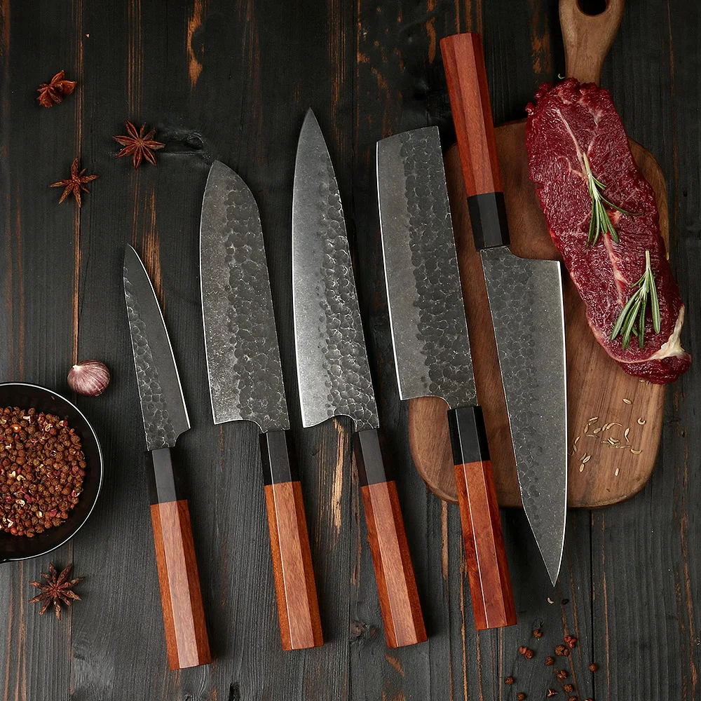 440C High Carbon Steel Hammered Premium Mahogany Wood Handle