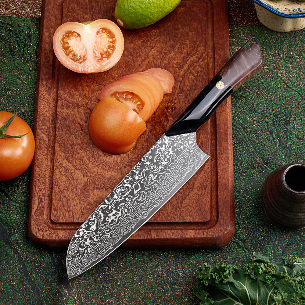 Hikari damaszkuszi Santoku kés – 7 hüvelykes VG10 pengével, juharfa és műgyanta markolattal