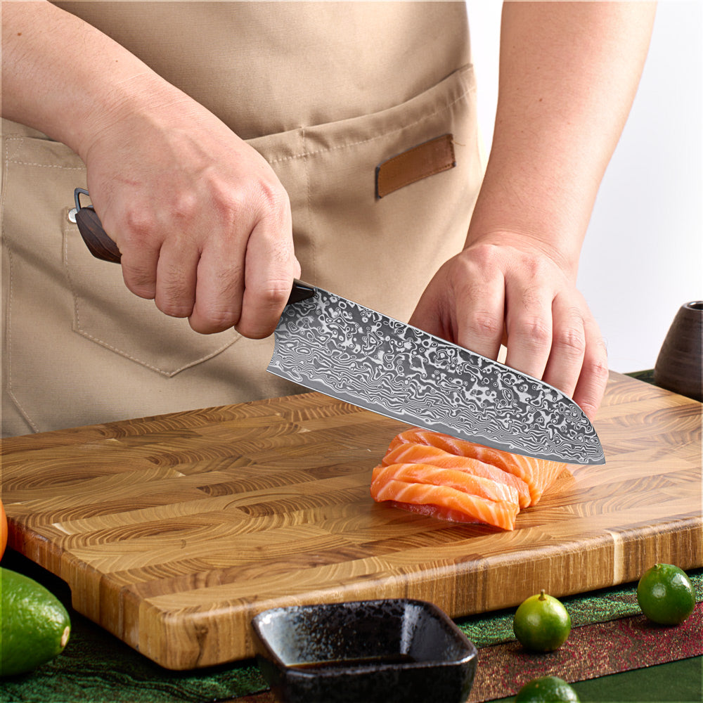 Hikari damaszkuszi Santoku kés – 7 hüvelykes VG10 pengével, juharfa és műgyanta markolattal