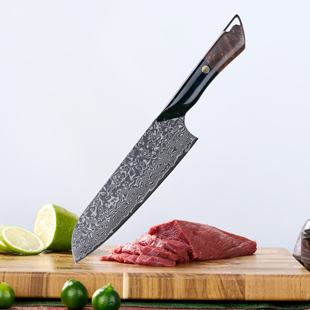 Hikari damaszkuszi Santoku kés – 7 hüvelykes VG10 pengével, juharfa és műgyanta markolattal