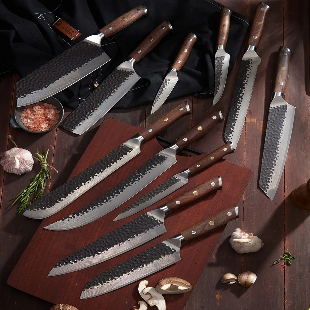 Premium Japanese Knife Collection VG-10 Kurouchi Hammered Damascus Premium Walnut Handle - Hikari