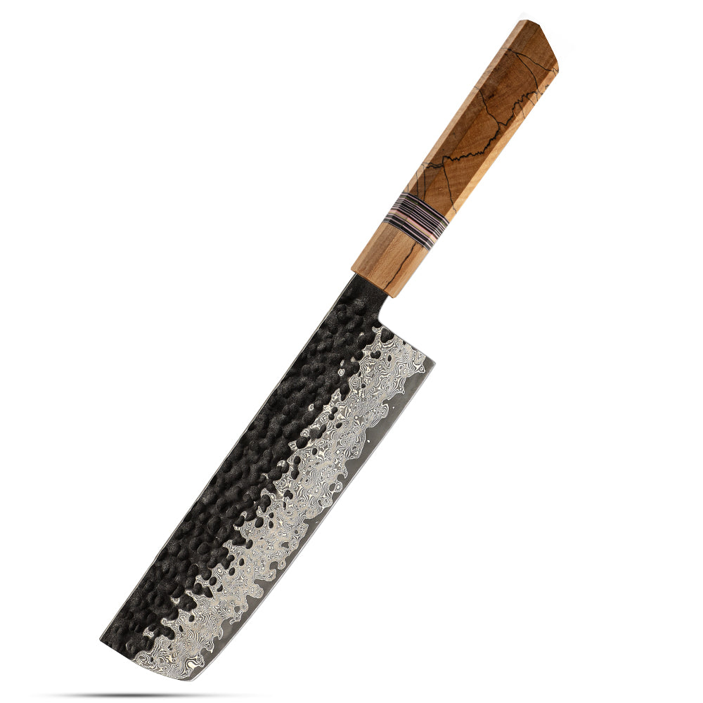 Nakiri [Vegetables Knife] - Professional Nakiri Knife, Hikari – Damascus VG -10 Steel, Spalted Maple Handle, Garnish Preparation - Hikari