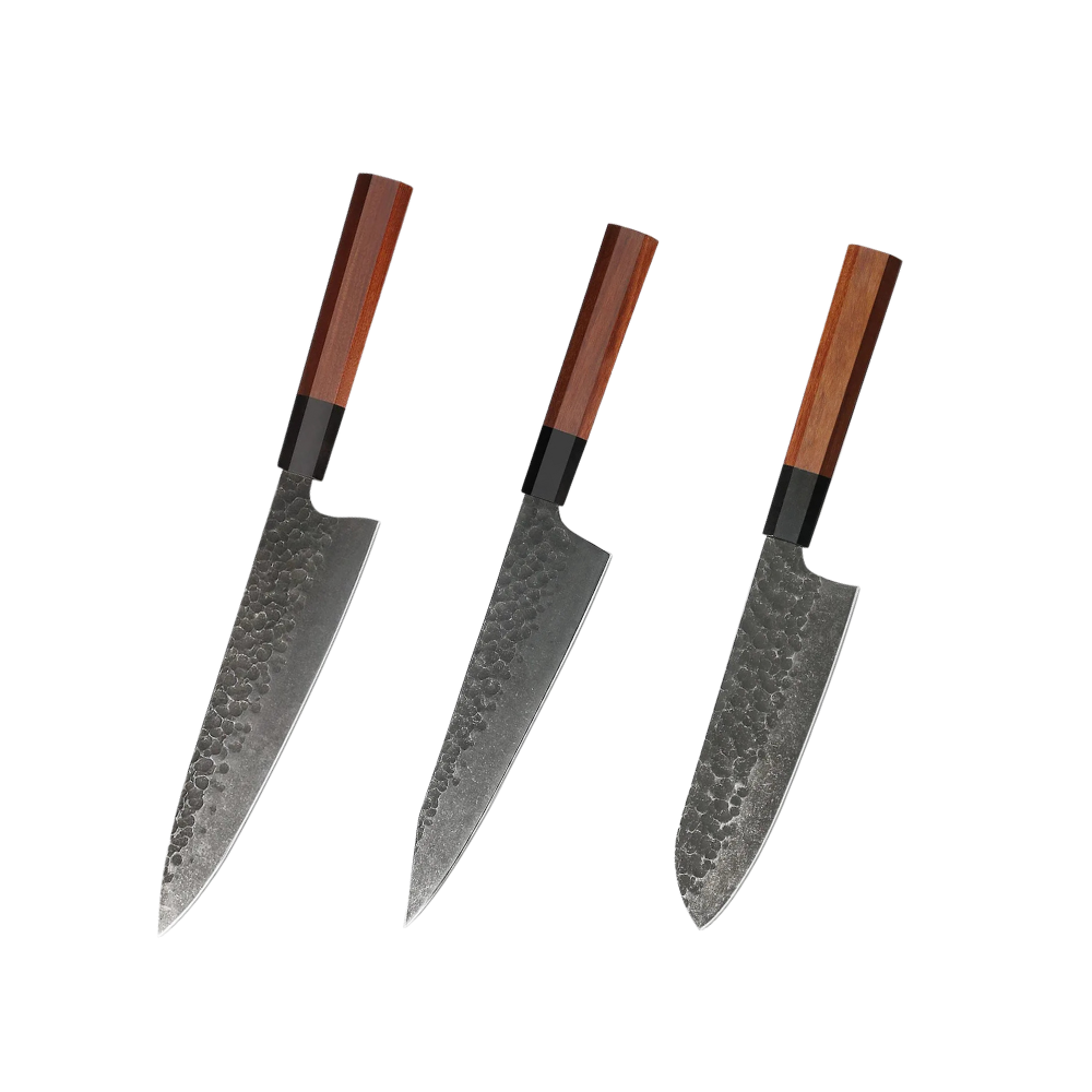 Knife Set Carbon Steel & Red Wood Handles H222 - Hikari