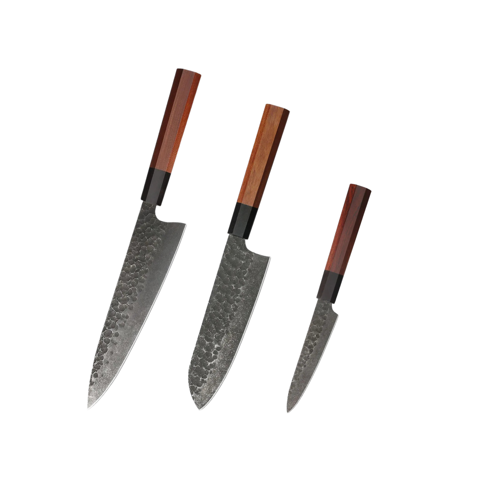 Knife Set Carbon Steel & Red Wood Handles H224 - Hikari