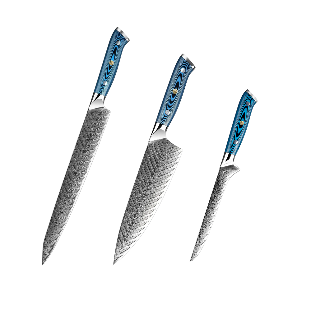 Unique Knife Set 73-Layer Damascus Steel & Blue Handle H243 - Hikari