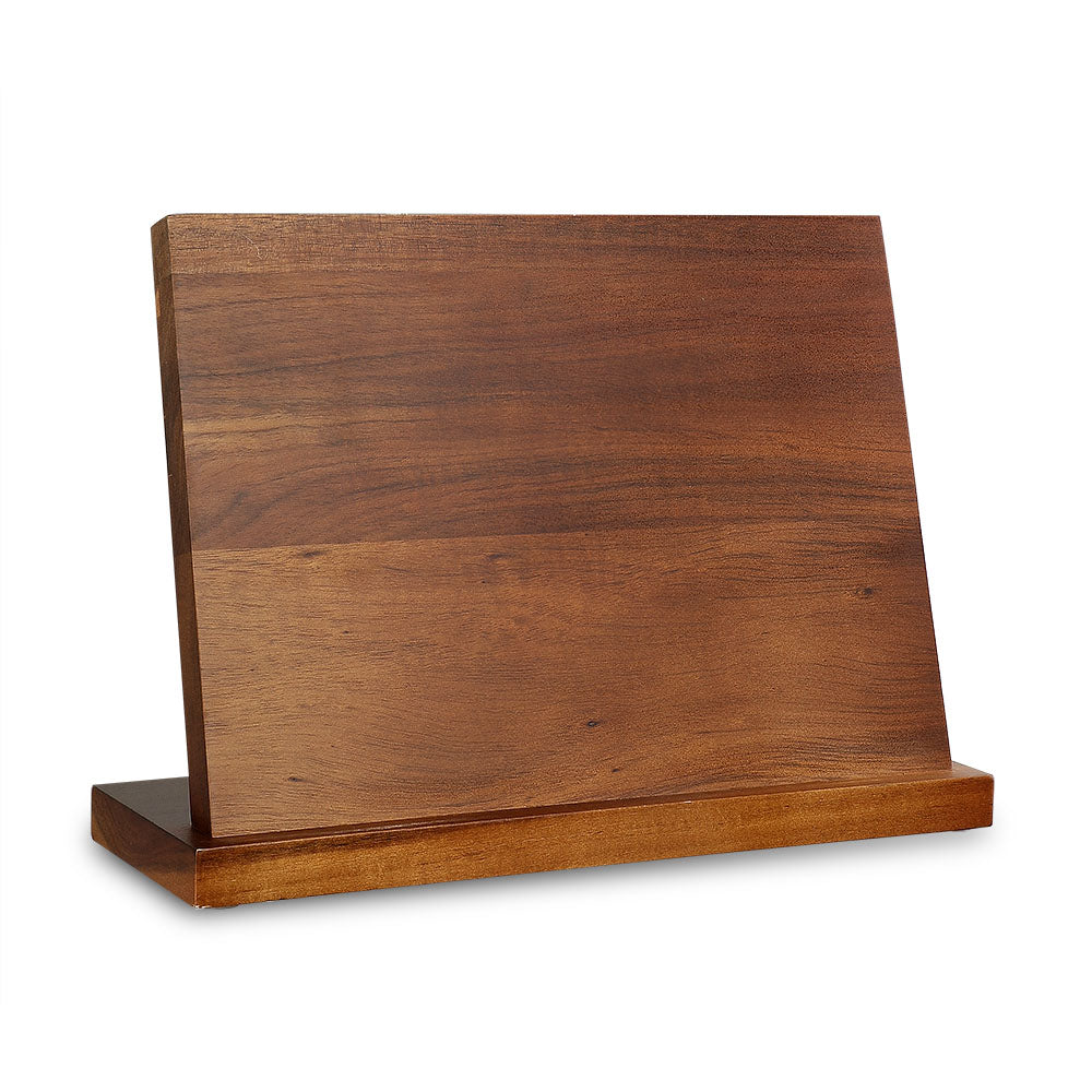 Magnetic natural acacia wood kitchen knife holder wooden block on a white background