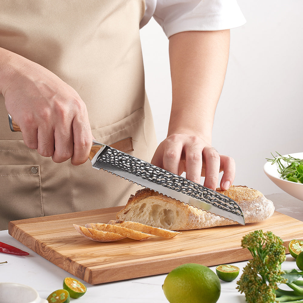 Serrated Bread Knife, Hikari – Professional Kitchen Knife for Pastries, VG10 Damascus Steel Blade and Olive Wood Handle - Hikari