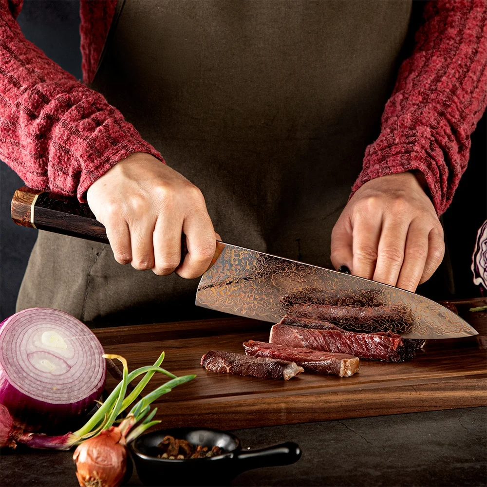 Premium Chef Knife, Hikari – Damascus and Copper Blade, Ergonomic Ebony Handle for Various Kitchen Tasks - Hikari