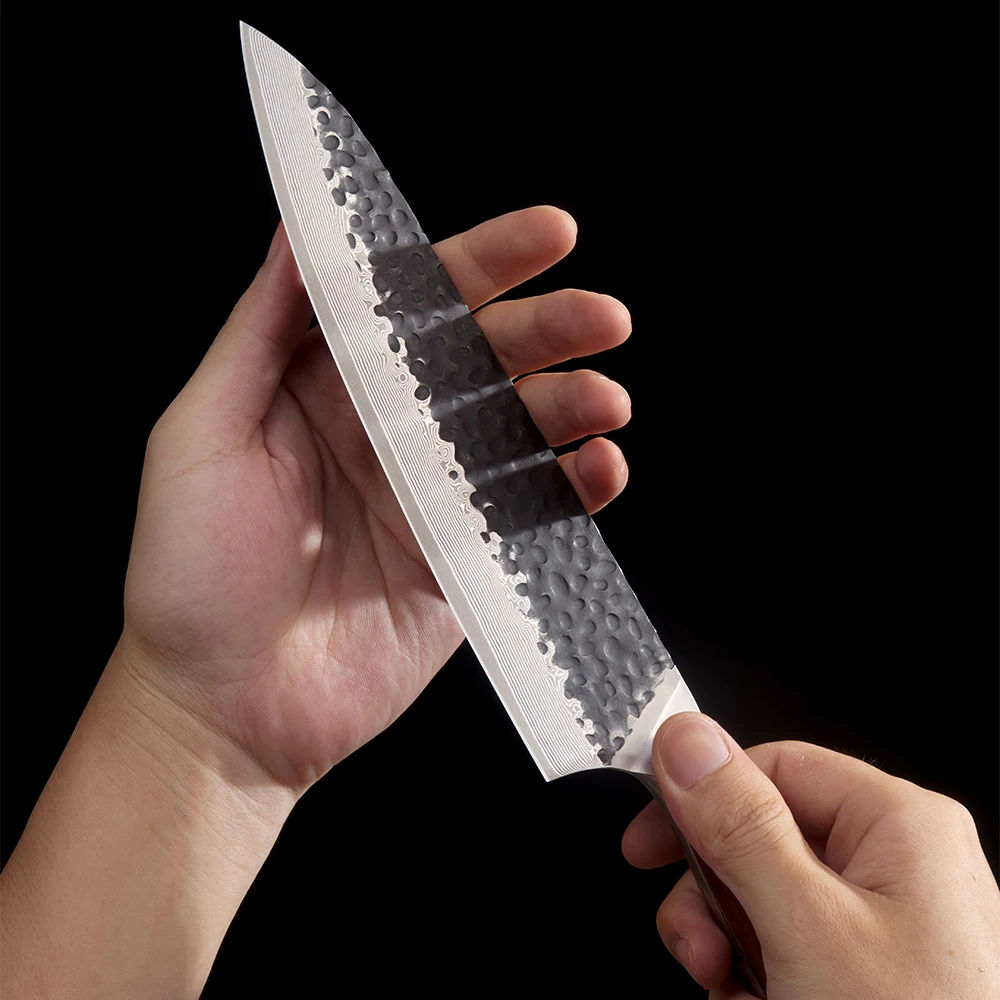 Kitchen Knife, Hikari - Japanese Style Premium Hammered Damascus Culinary Knife, Walnut Handle - Hikari
