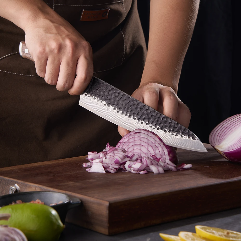 Kitchen Knife, Hikari - Japanese Style Premium Hammered Damascus Culinary Knife, Walnut Handle - Hikari