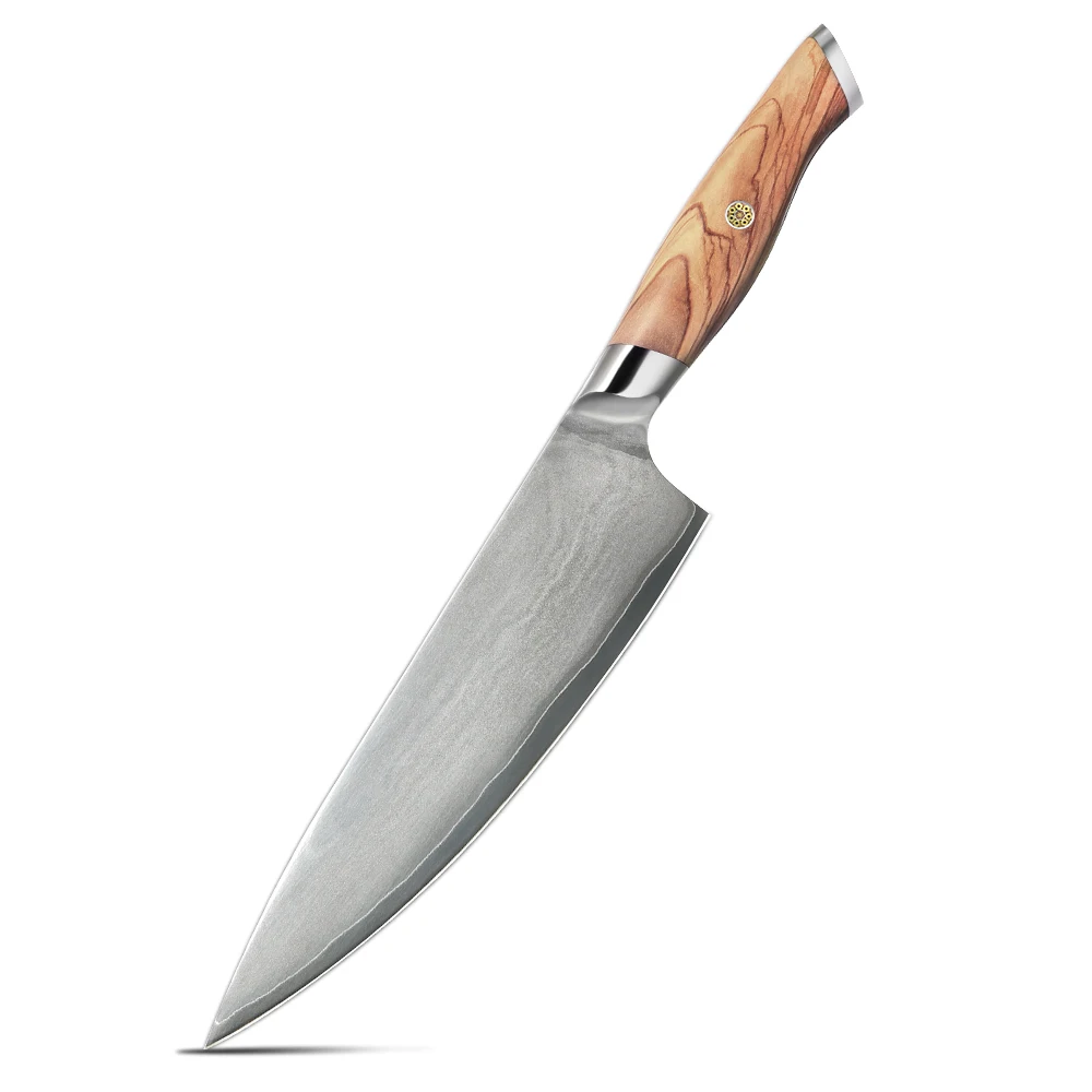 Chef Knife for Precision Slicing with VG -10 Sandblasted Blade and Natural Olive Wood Handle - Hikari
