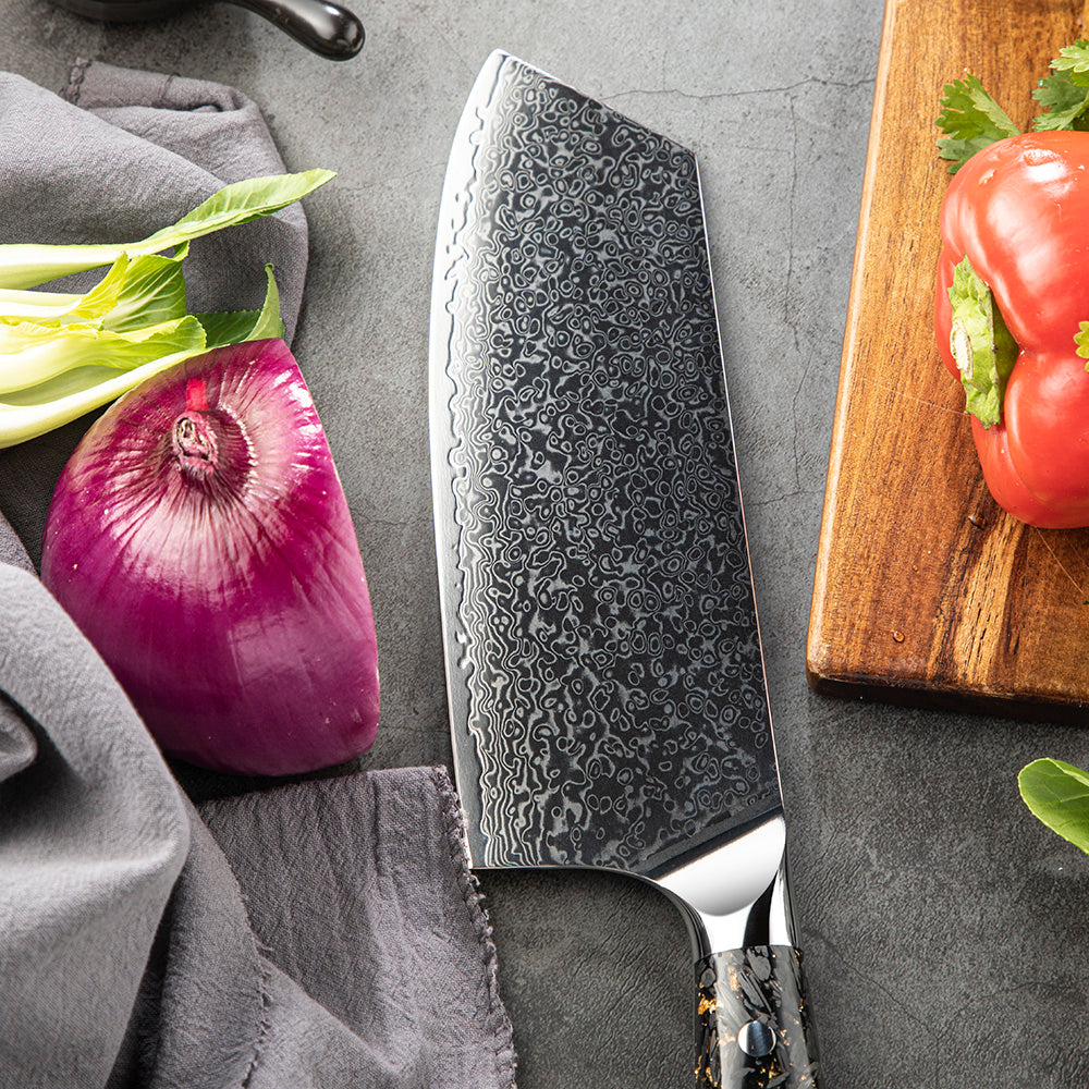 Premium Cleaver, Hikari – Damascus VG -10 Blade, Carbon Fiber Handle, Heavy -Duty Knife for Chopping and Slicing - Hikari