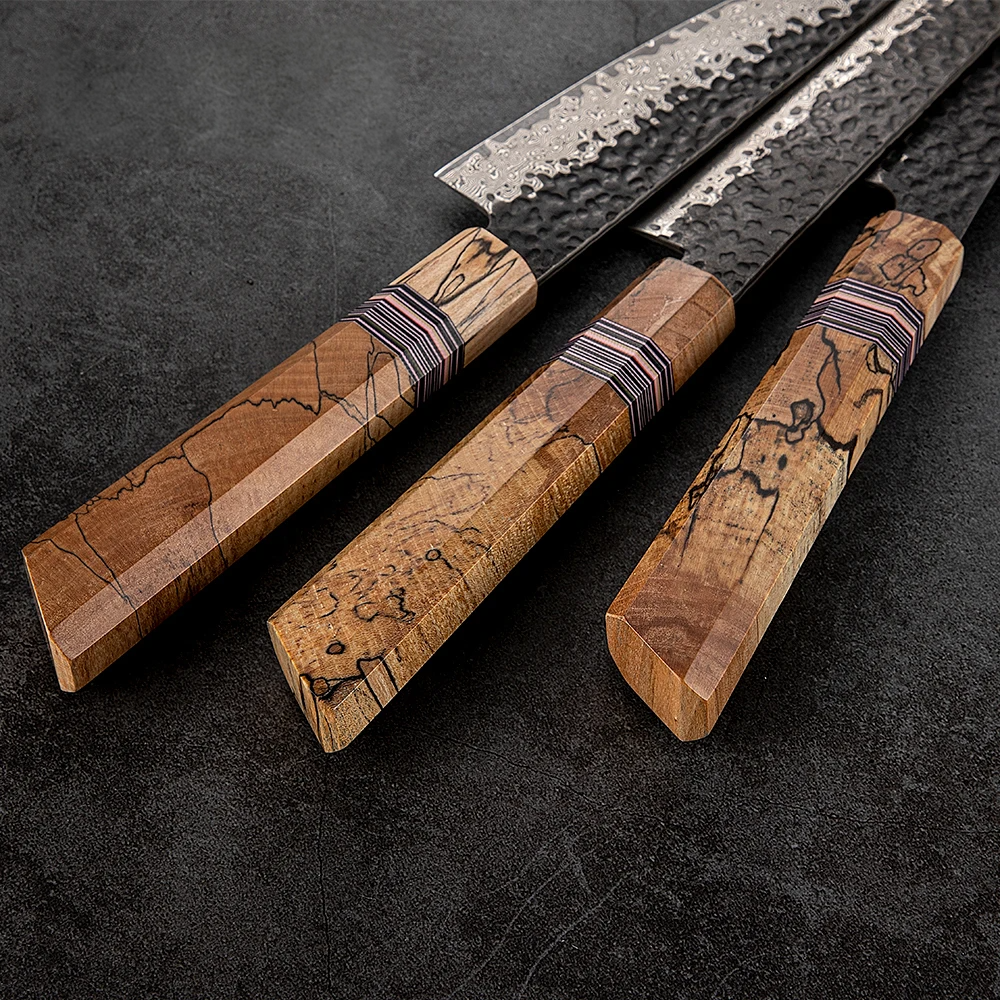 Slaughter VG-10 Kurouchi Hammered Damascus G10 Spalted Maple Handle 25cm - Hikari